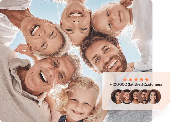 Diverse group of satisfied customers with 100,000+ badge